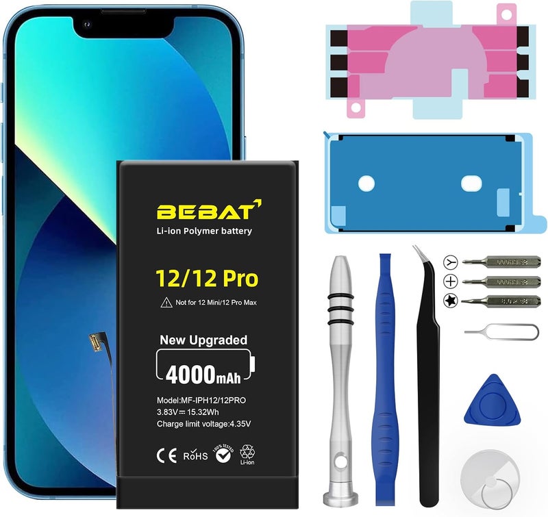 BEBAT Replacement for iPhone 12/12 PRO Battery, 4000mAh High Capacity Li-ion Polymer Replacement Battery for Model A2172 A2402 A2403 A2404 with Professional Repair Tool Kits - Image 1